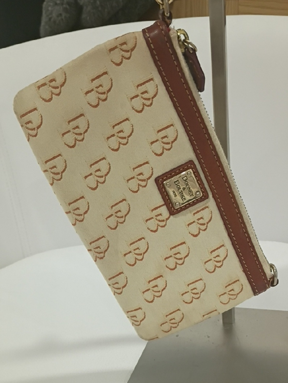 Dooney & Bourke Cream and Brown Signature Canvas Wristlet